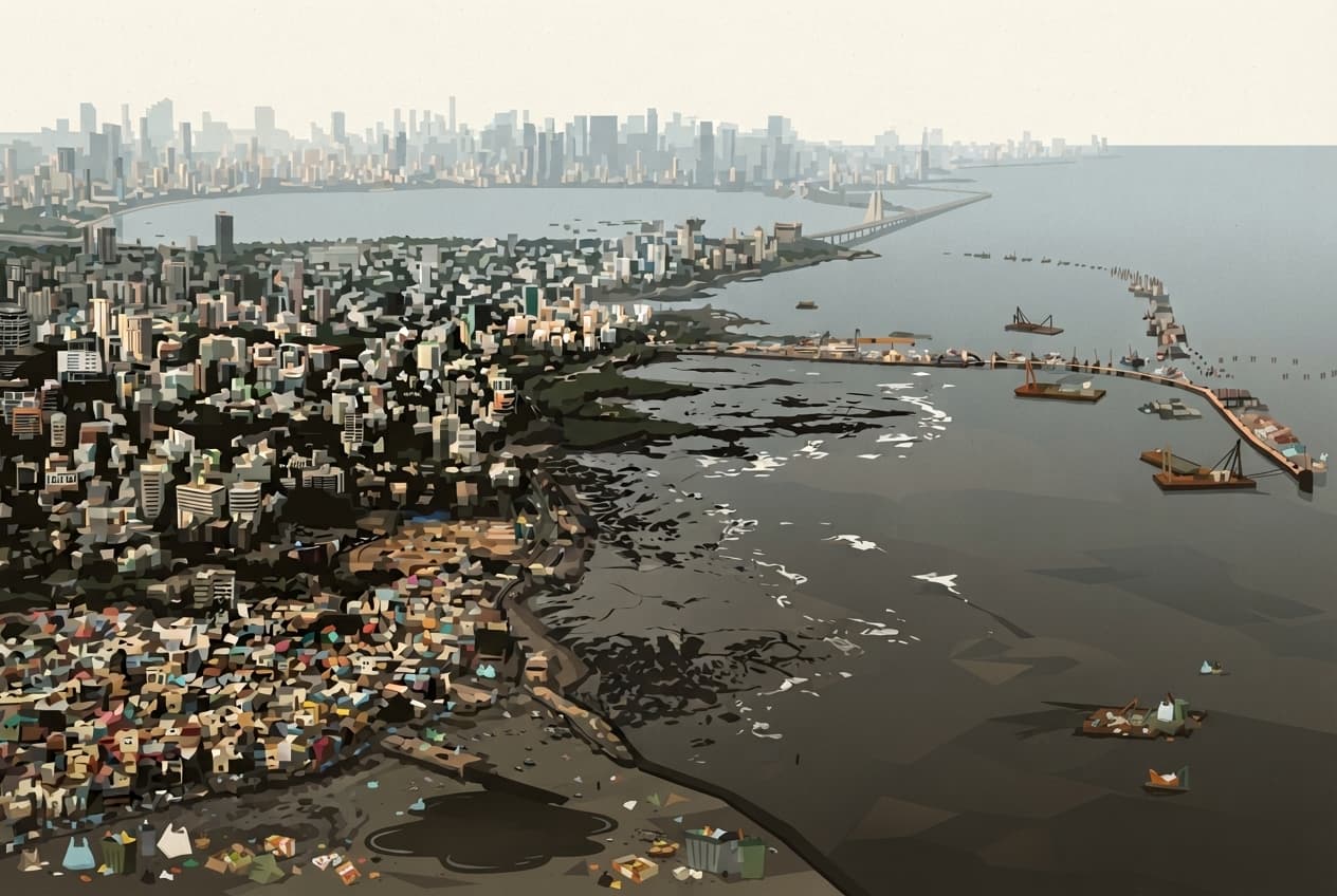 Flat illustration of Plastic bags, Food waste, Overflowing bin, Discarded packaging, Street debris, Puddle