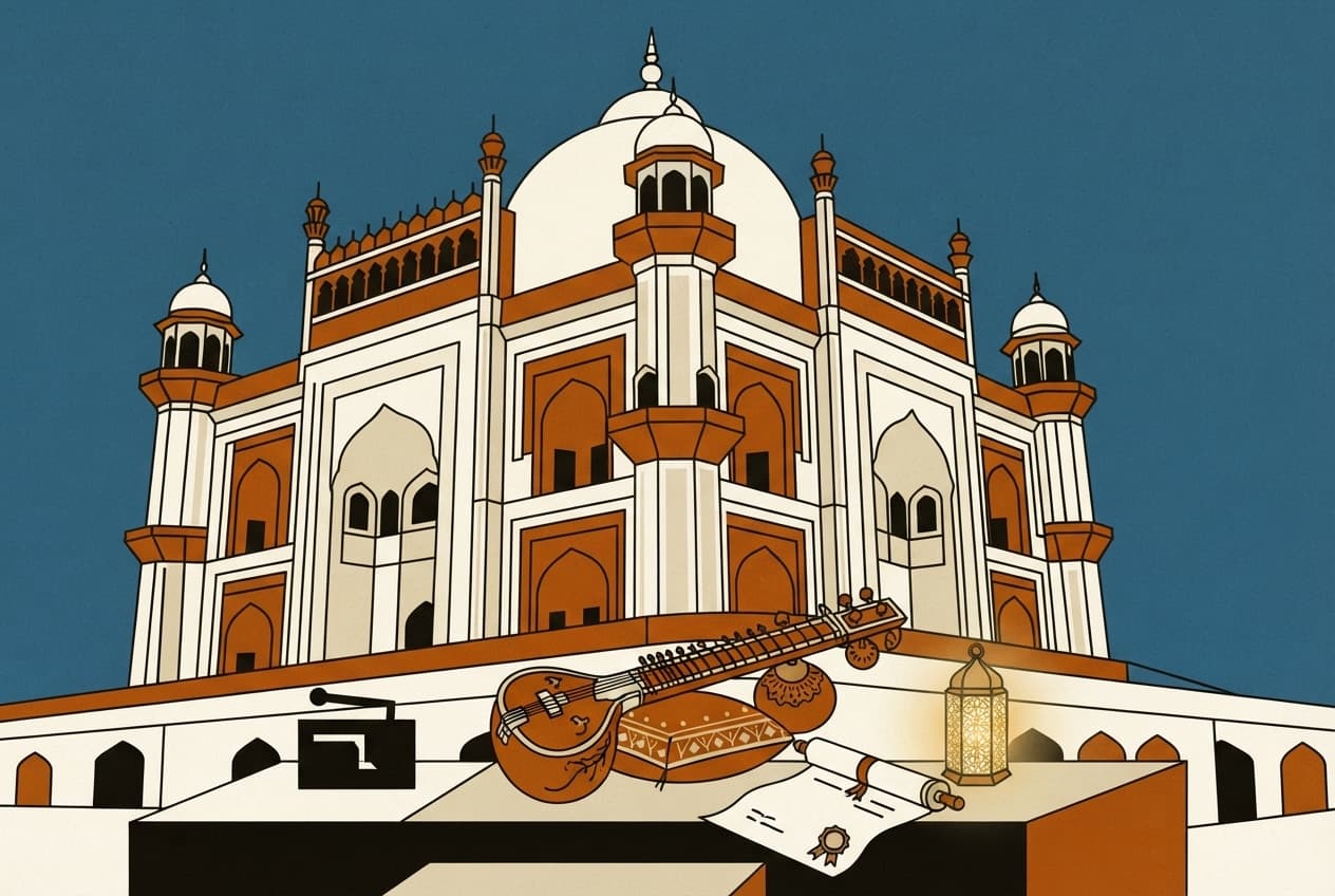 Flat illustration of Monument, Archway, Lantern, Sitar, Scroll, Cushion