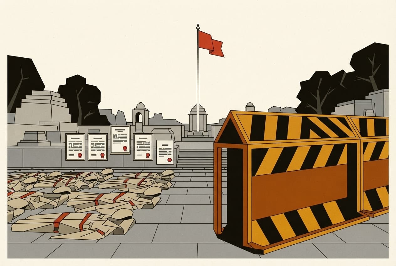 Flat illustration of stone structure, barricade, official notice, flagpole