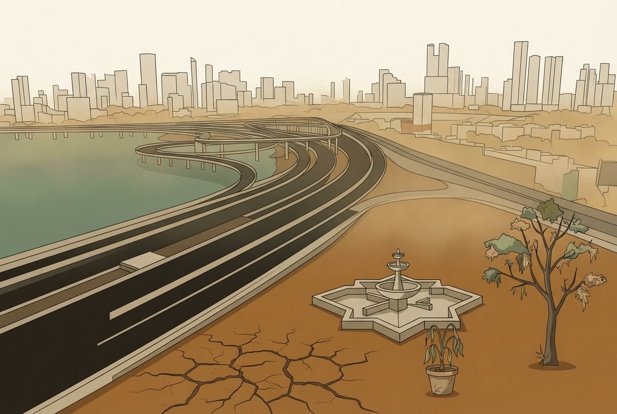 Flat illustration of Wilting plant, Cracked pavement, Dry fountain, Stunted tree, Dusty air