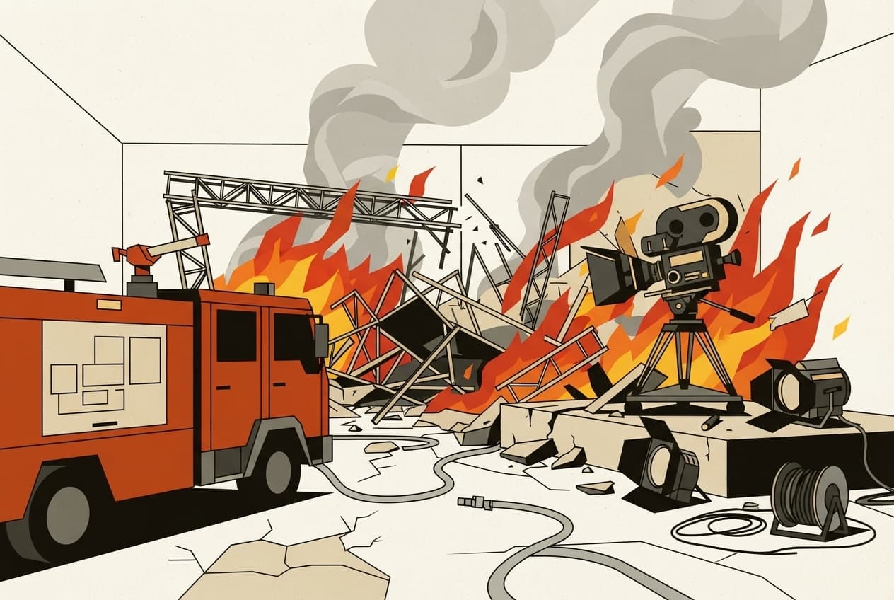 Flat illustration of Flames, Smoke, Camera, Lighting rig, Scaffolding, Debris