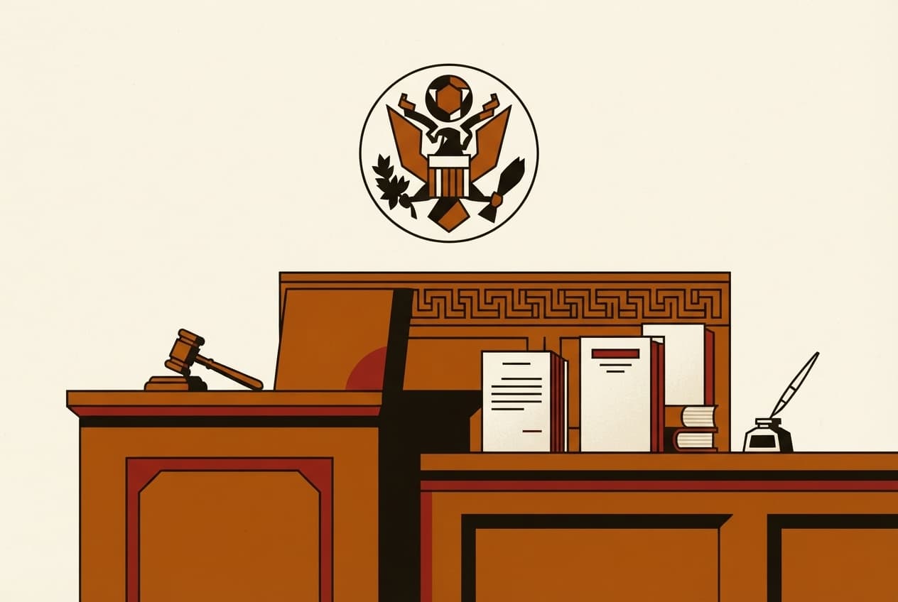 Flat illustration of Gavel, Legal texts, Official seal, Court documents, Inkwell, Wooden bench