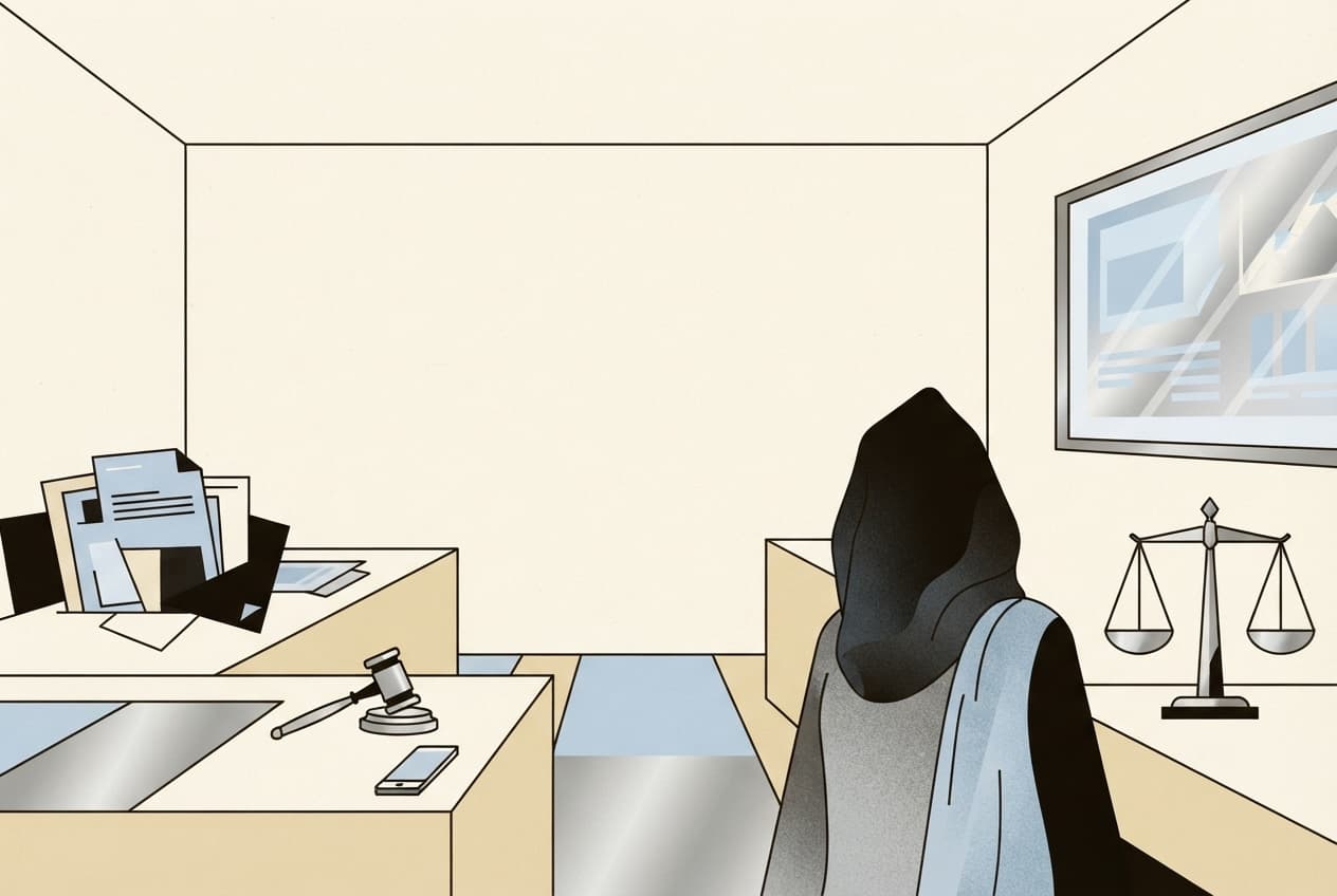 Flat illustration of legal document, gavel, smartphone, digital screen, scales of justice